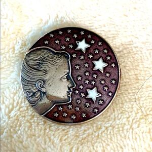 Vintage Round Silver Brooch with Profile of a Girl Gazing Into a Sea of Stars